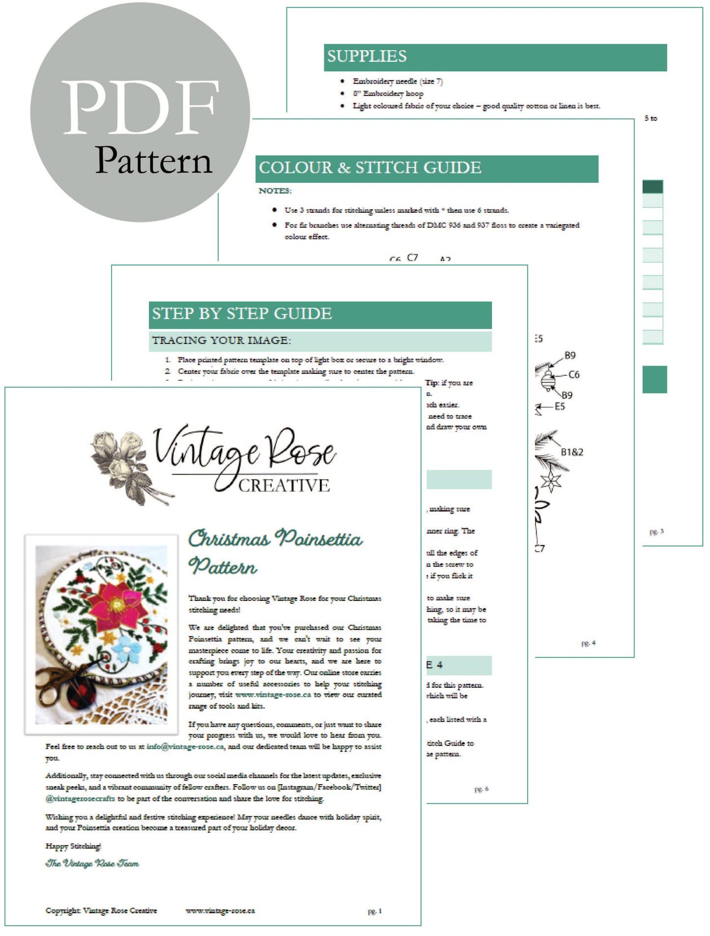 Photo of PDF step by step instructions for Christmas Poinsettia Embroidery pattern